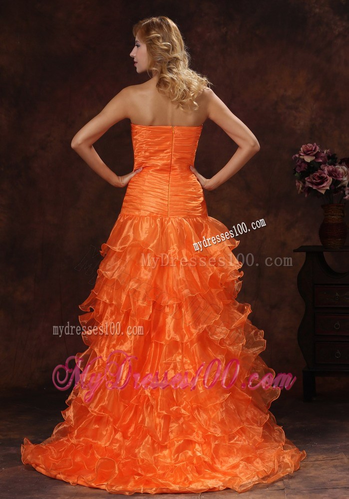 Custom Made Orange Red High-low Ruched Bodice 2013 Prom Dress With Organza