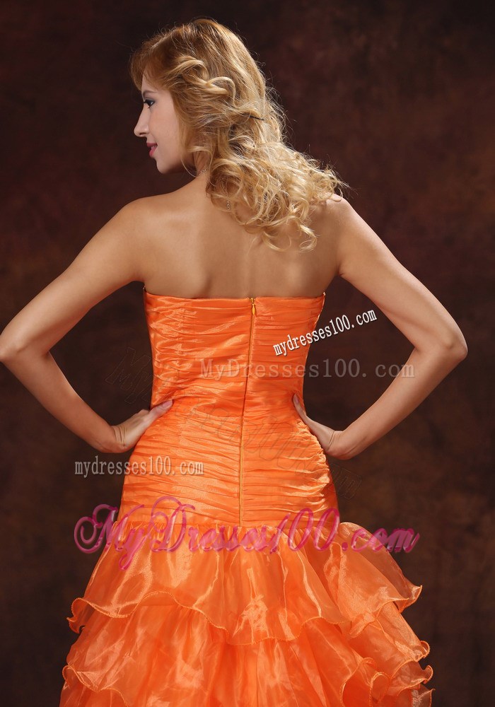 Custom Made Orange Red High-low Ruched Bodice 2013 Prom Dress With Organza