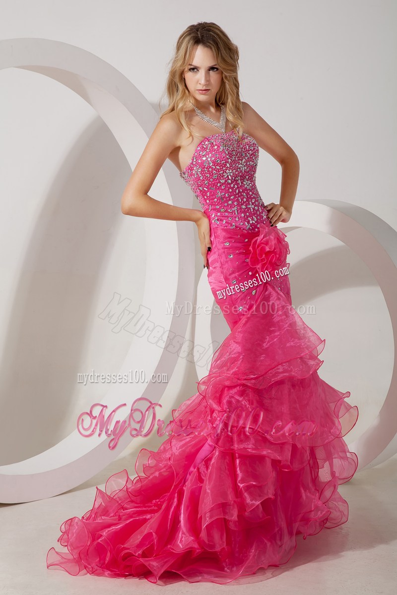 Hot Pink Mermaid Ruffles and Beading Brush Train Prom Dress