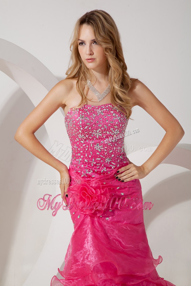 Hot Pink Mermaid Ruffles and Beading Brush Train Prom Dress