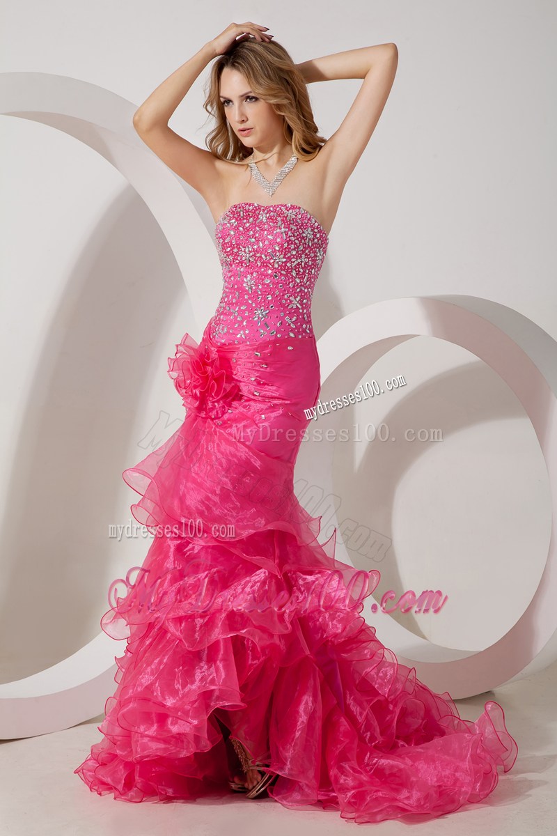 Hot Pink Mermaid Ruffles and Beading Brush Train Prom Dress