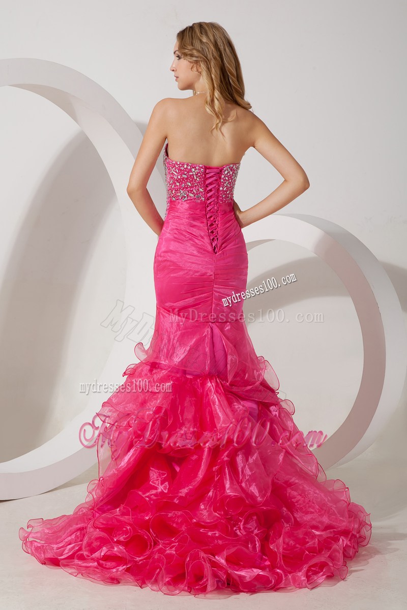 Hot Pink Mermaid Ruffles and Beading Brush Train Prom Dress