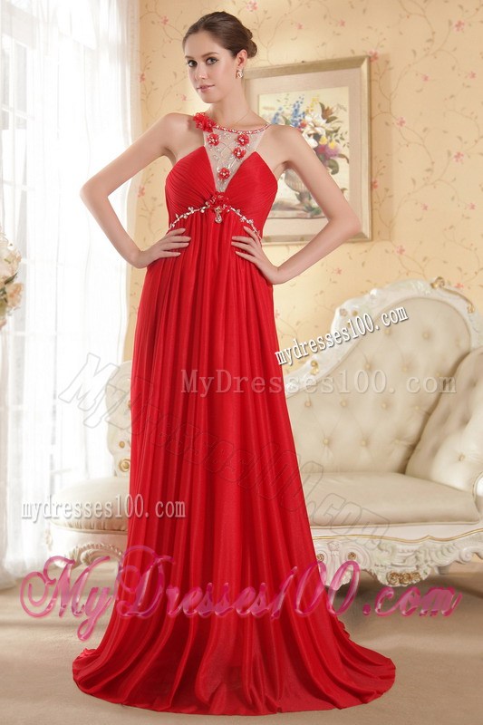 Red Empire Scoop Court Train Beaded Decorate Prom Dress