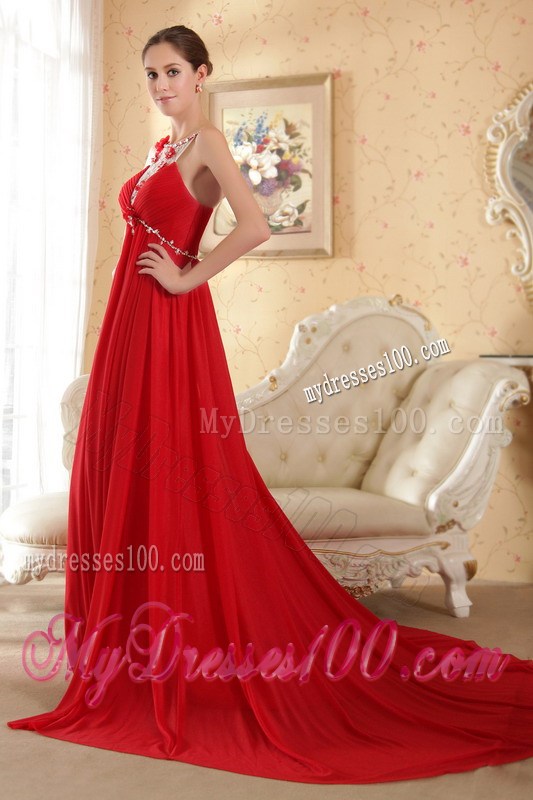 Red Empire Scoop Court Train Beaded Decorate Prom Dress