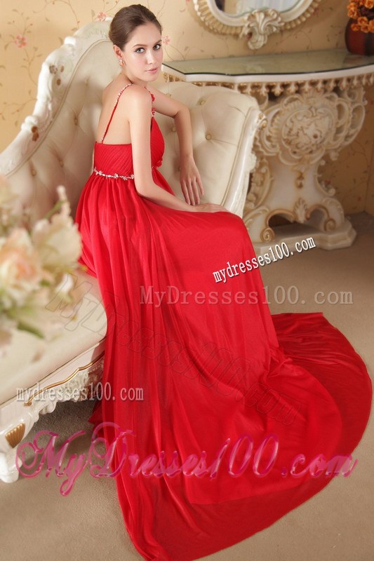 Red Empire Scoop Court Train Beaded Decorate Prom Dress