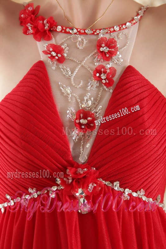Red Empire Scoop Court Train Beaded Decorate Prom Dress