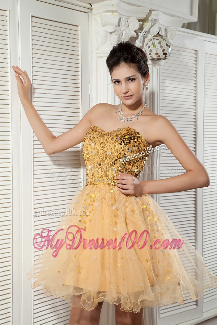 Classical Champagne Sweetheart Sequins Mini-length Prom Dress