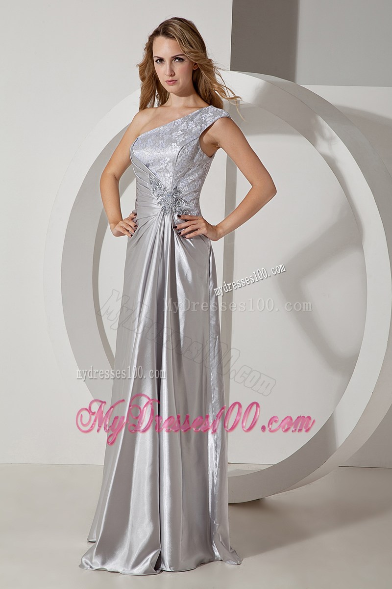 Silver Column One Shoulder Beading Prom Dress in Floor-length