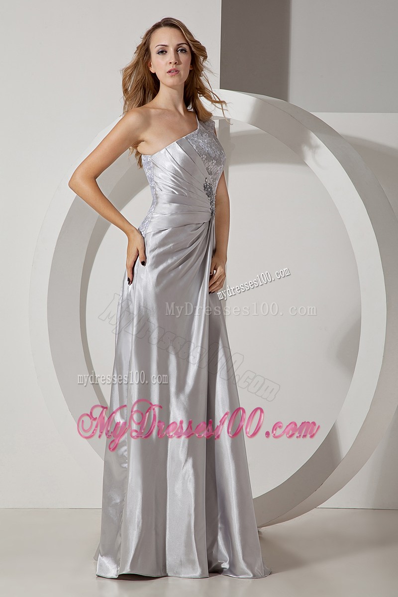 Silver Column One Shoulder Beading Prom Dress in Floor-length