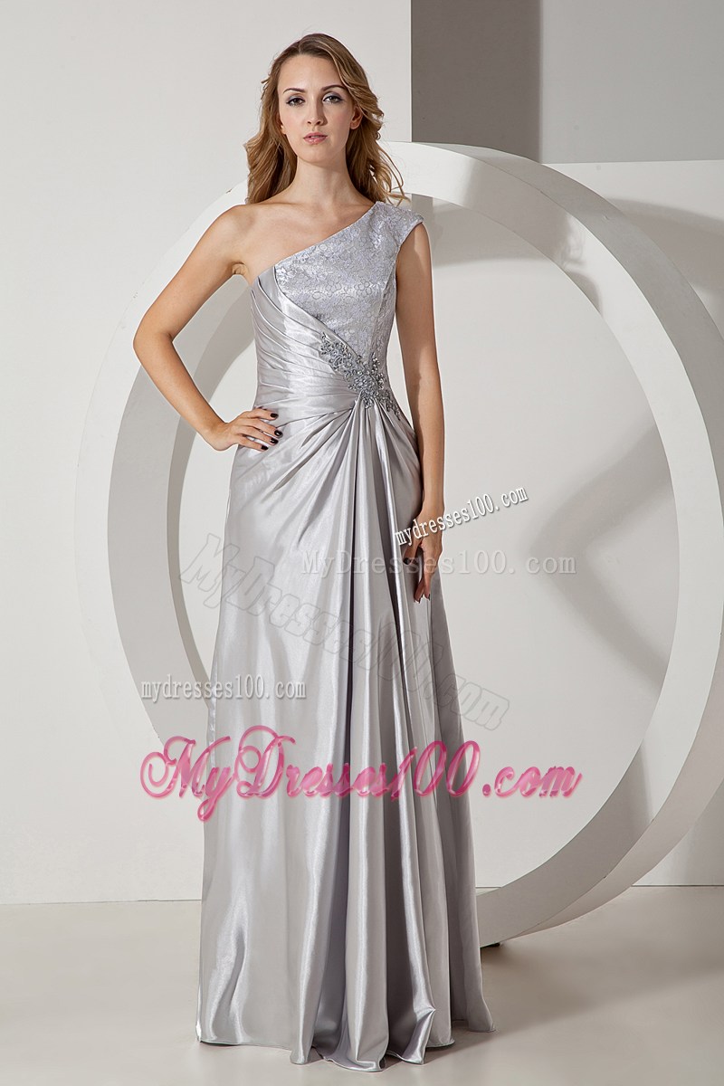 Silver Column One Shoulder Beading Prom Dress in Floor-length