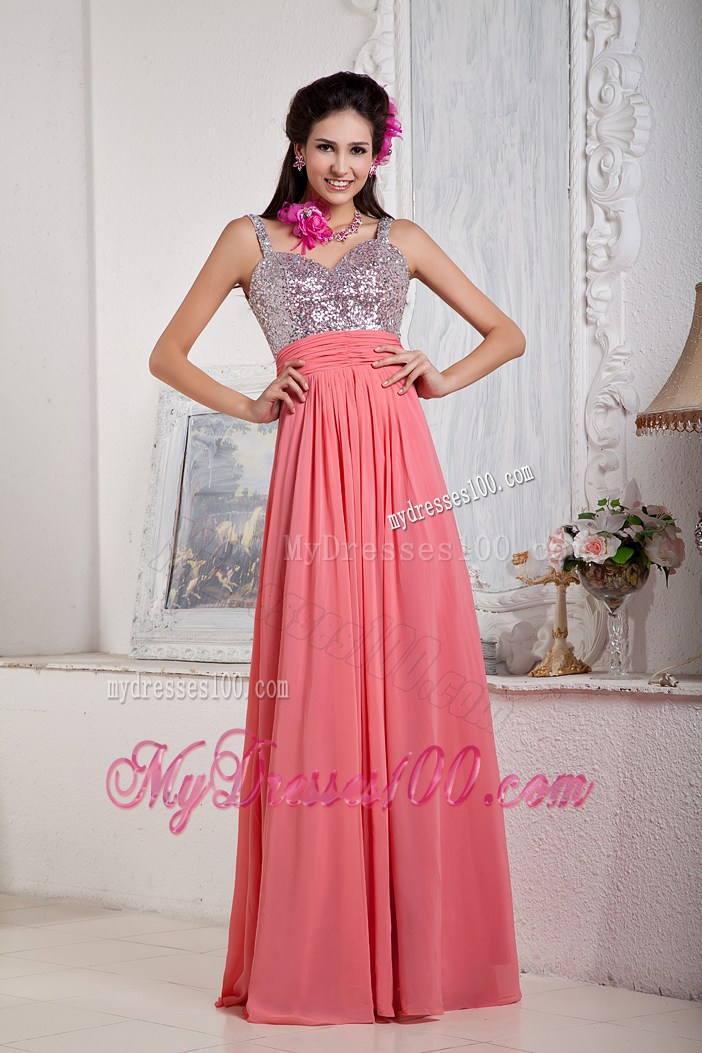 Watermelon Empire Spaghetti Straps Sequin and Beading Prom Dress