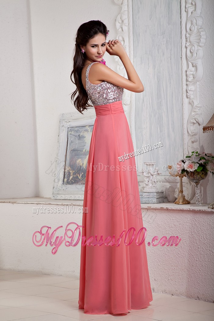 Watermelon Empire Spaghetti Straps Sequin and Beading Prom Dress