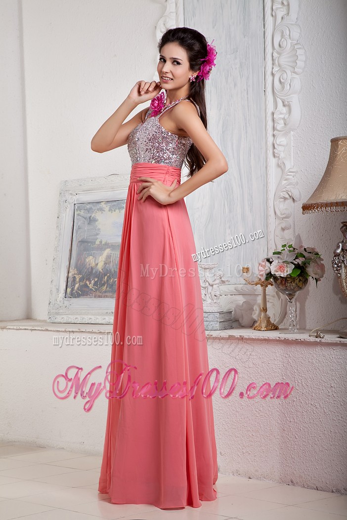 Watermelon Empire Spaghetti Straps Sequin and Beading Prom Dress