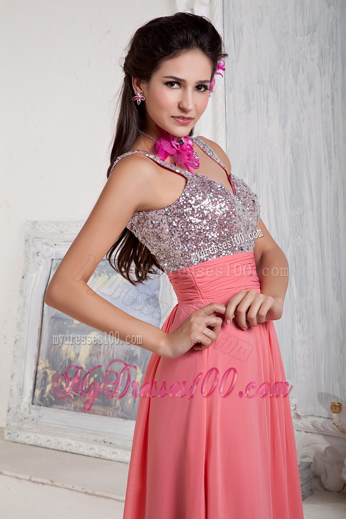 Watermelon Empire Spaghetti Straps Sequin and Beading Prom Dress