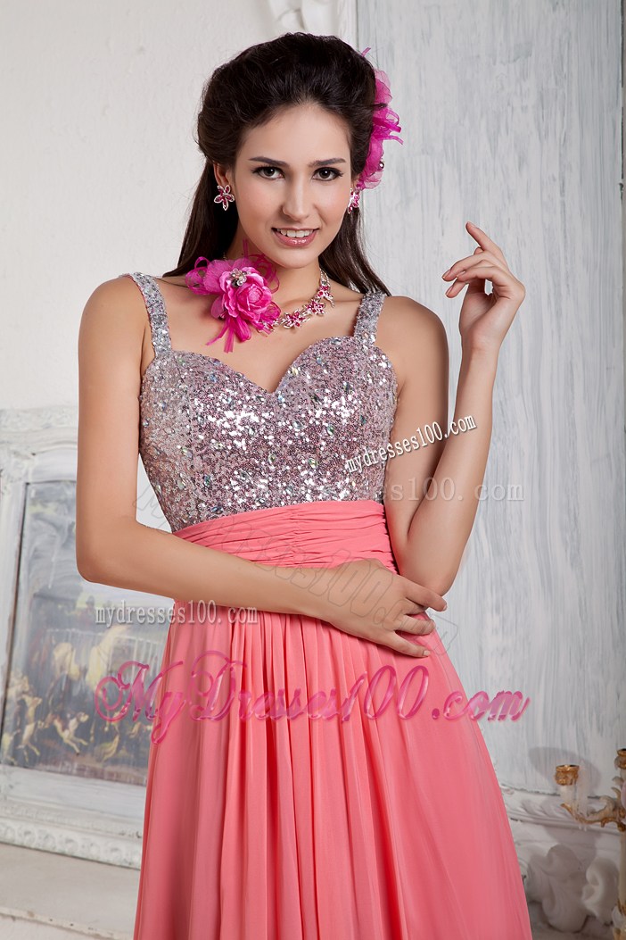 Watermelon Empire Spaghetti Straps Sequin and Beading Prom Dress