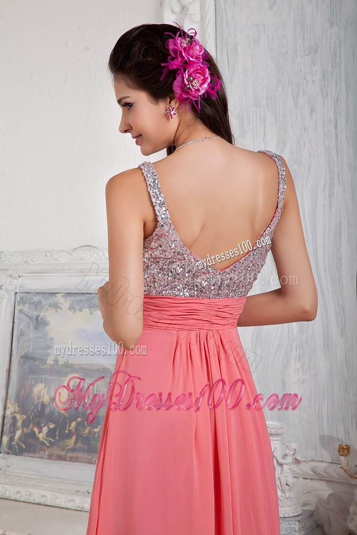 Watermelon Empire Spaghetti Straps Sequin and Beading Prom Dress