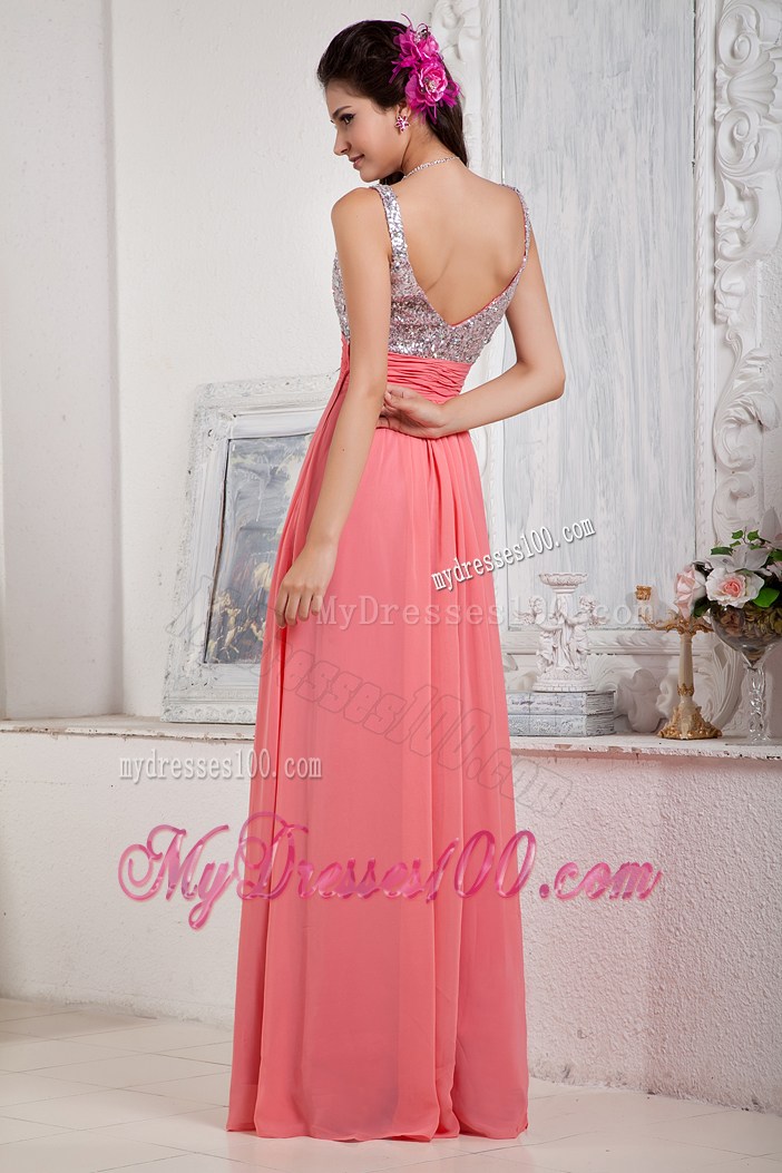 Watermelon Empire Spaghetti Straps Sequin and Beading Prom Dress