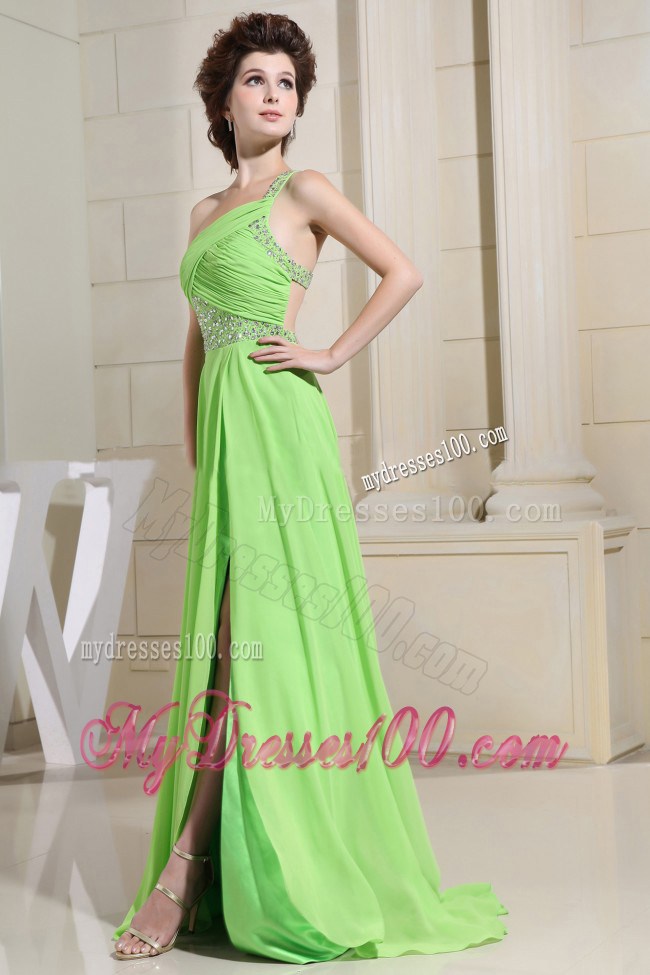 Spring Green Prom Dress With High Slit One Shoulder and Beading
