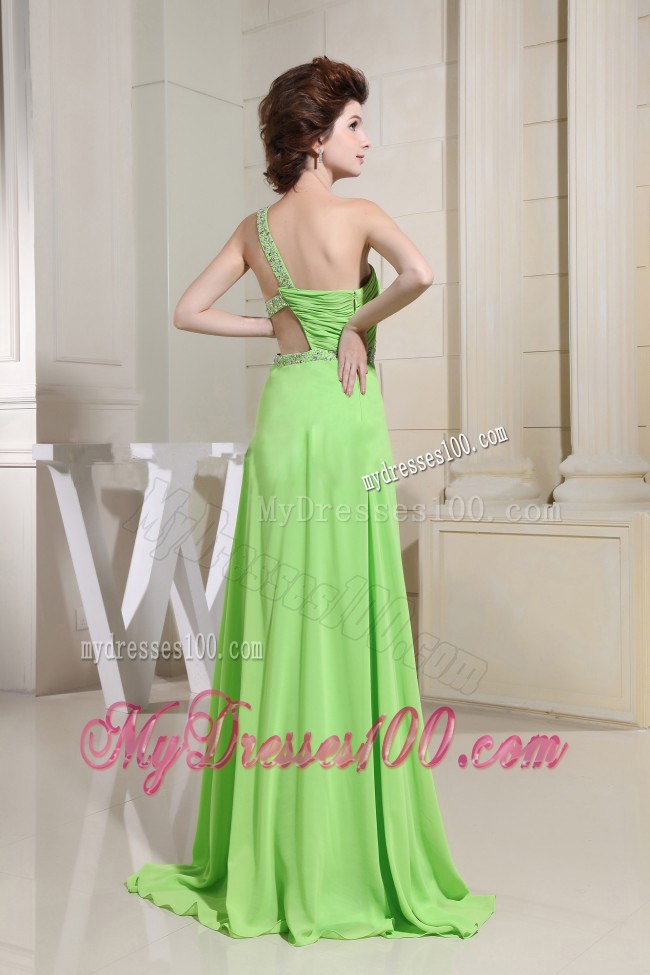 Spring Green Prom Dress With High Slit One Shoulder and Beading