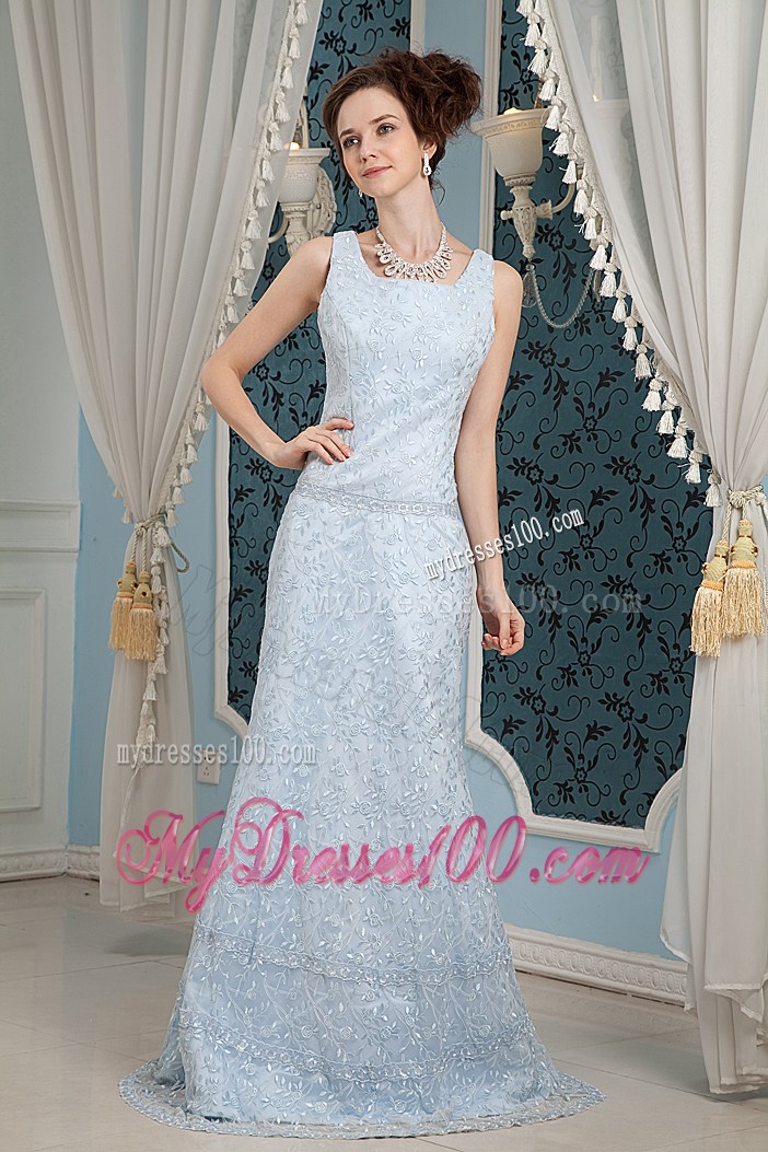 Beautiful Square Light Blue Column Lace Prom Dress with Brush Train