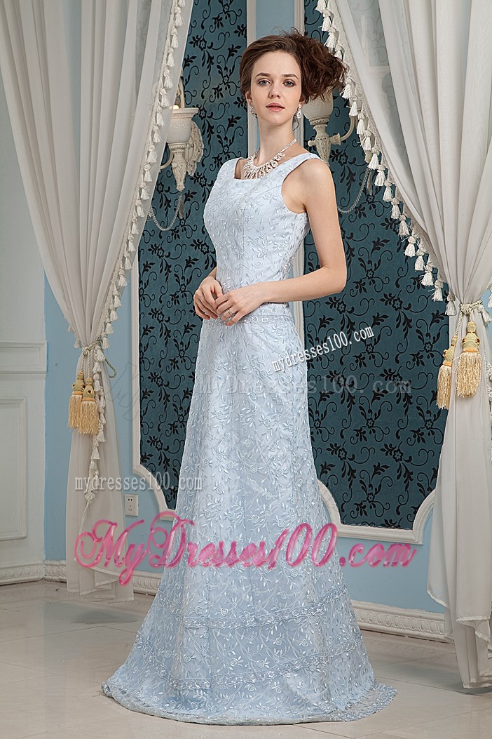 Beautiful Square Light Blue Column Lace Prom Dress with Brush Train