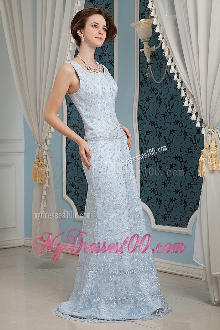 Beautiful Square Light Blue Column Lace Prom Dress with Brush Train