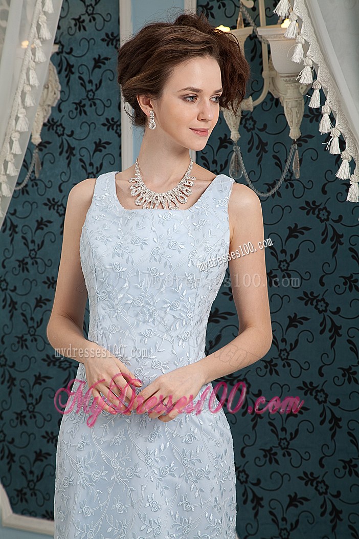 Beautiful Square Light Blue Column Lace Prom Dress with Brush Train