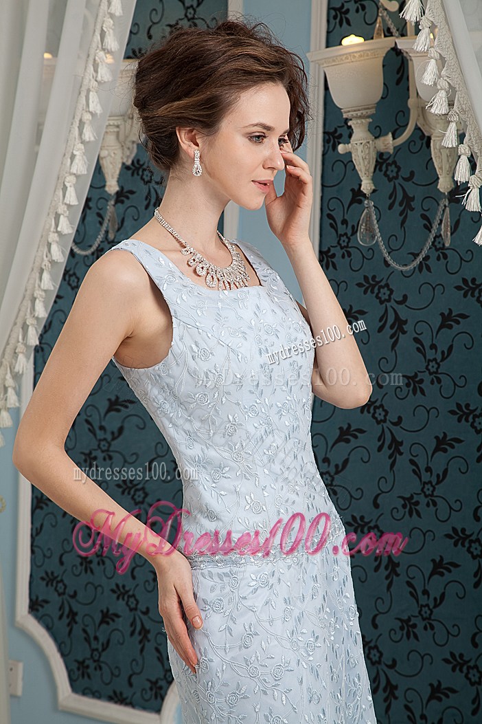 Beautiful Square Light Blue Column Lace Prom Dress with Brush Train