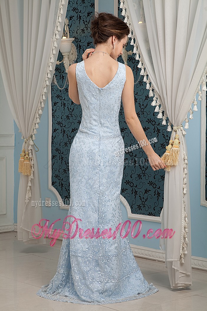 Beautiful Square Light Blue Column Lace Prom Dress with Brush Train