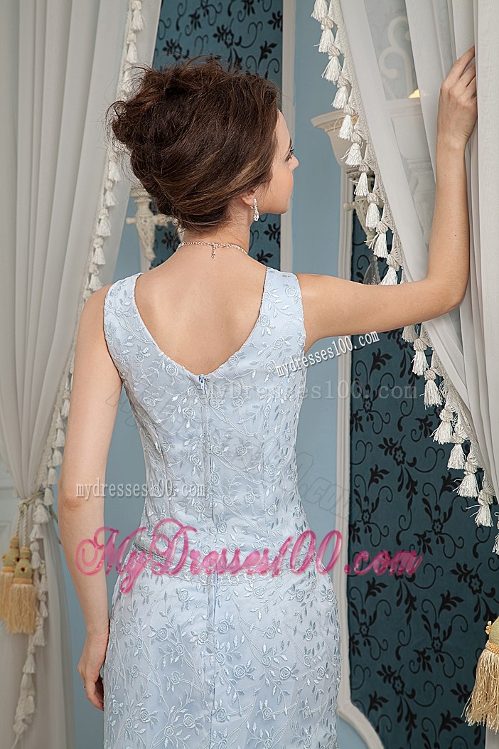 Beautiful Square Light Blue Column Lace Prom Dress with Brush Train