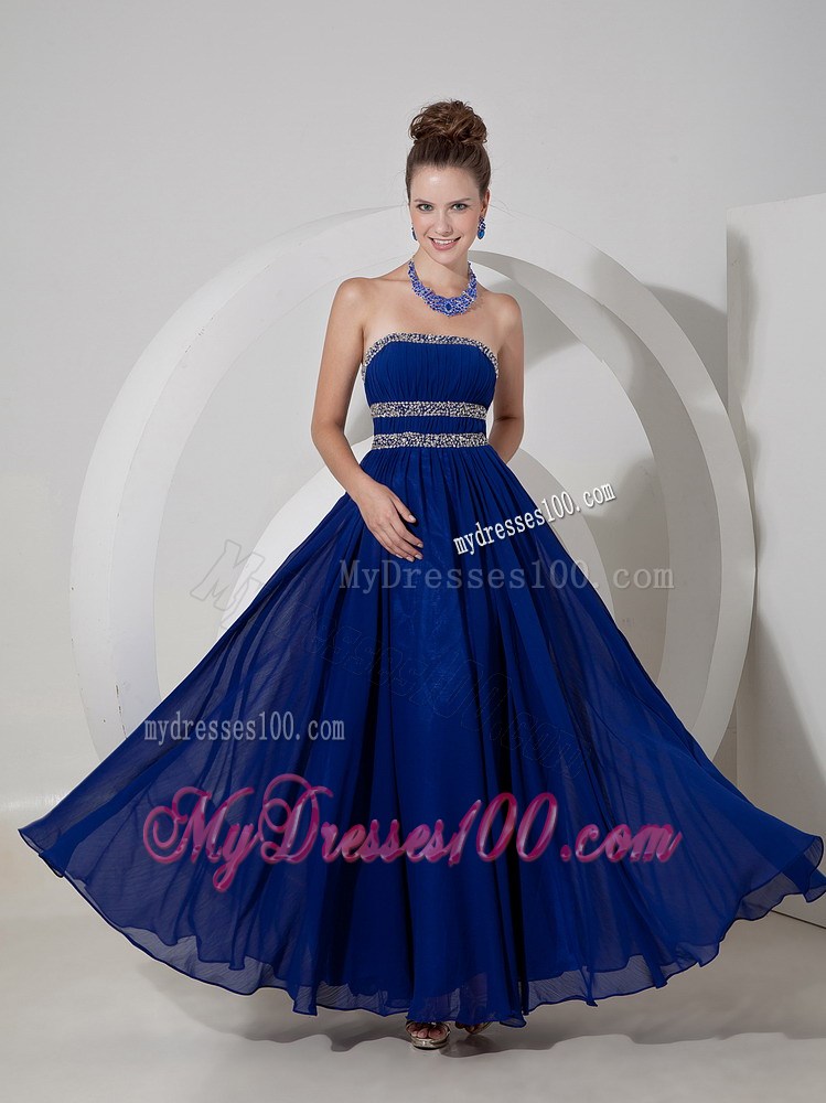 Royal Blue Empire Beaded Decorate Bodice Strapless Prom Dress