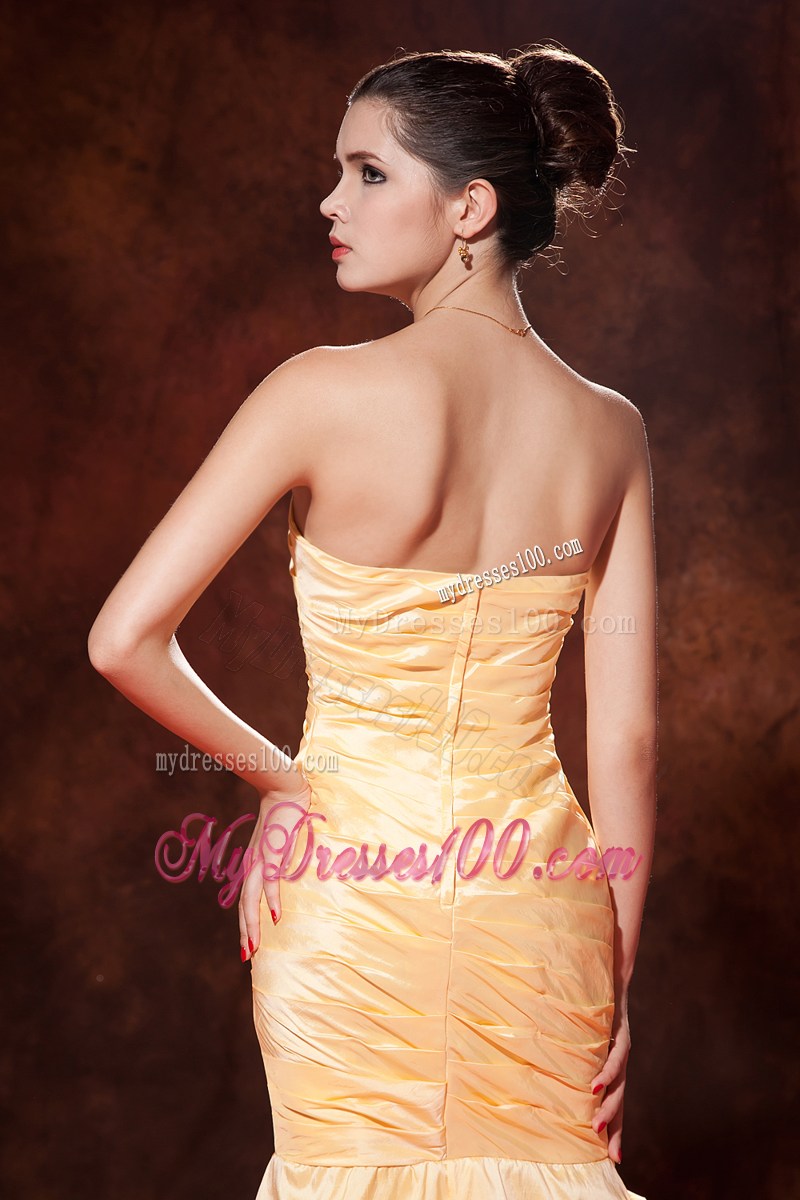 Cheap Gold Mermaid Strapless Floor-length Ruching Prom Dress