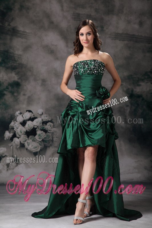 Elegant Green Strapless High-low Prom Dress with Beading