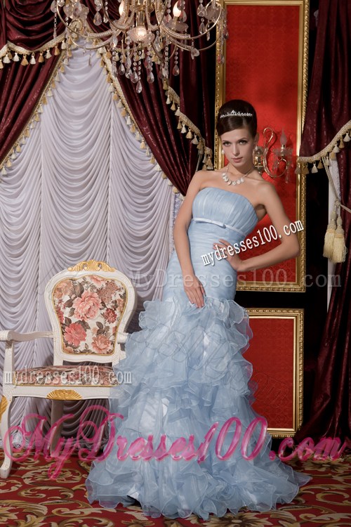 2013 Cheap Light Blue Mermaid Prom Dress with Belt and Ruffles