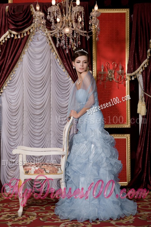 2013 Cheap Light Blue Mermaid Prom Dress with Belt and Ruffles