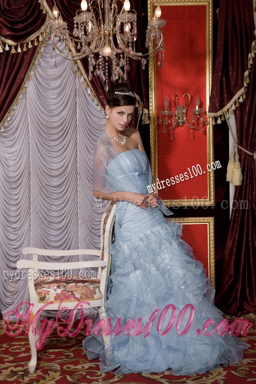 2013 Cheap Light Blue Mermaid Prom Dress with Belt and Ruffles
