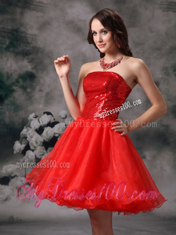 Low Price Red Mini-length Sequins Strapless Prom Cocktail Dress