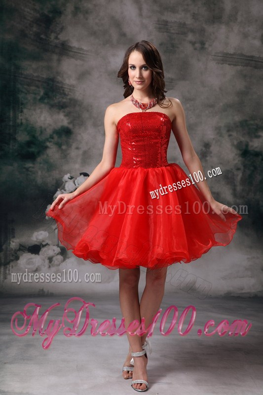 Low Price Red Mini-length Sequins Strapless Prom Cocktail Dress