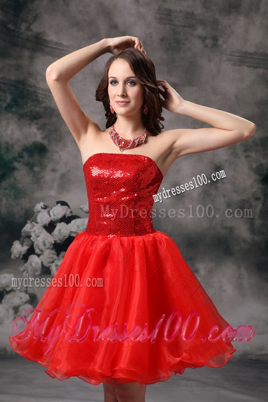 Low Price Red Mini-length Sequins Strapless Prom Cocktail Dress