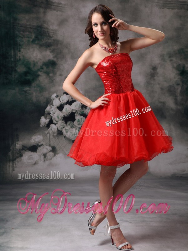 Low Price Red Mini-length Sequins Strapless Prom Cocktail Dress