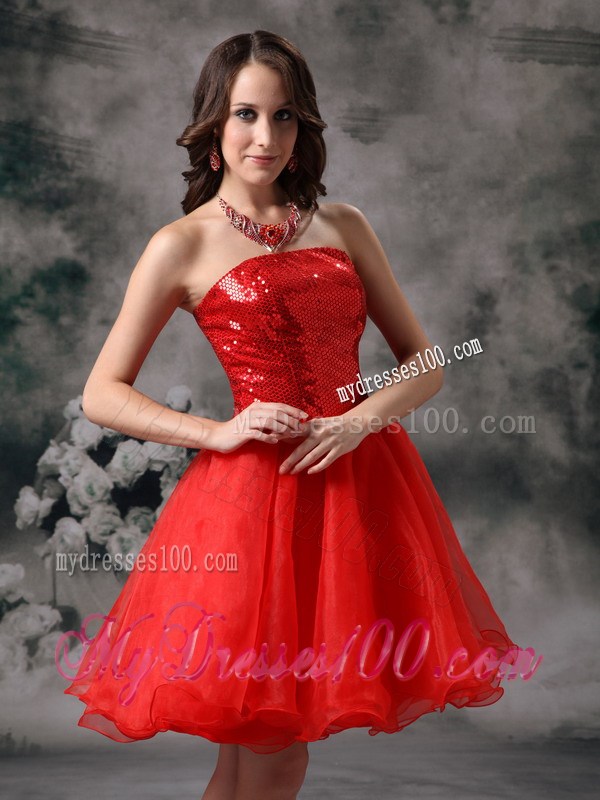 Low Price Red Mini-length Sequins Strapless Prom Cocktail Dress
