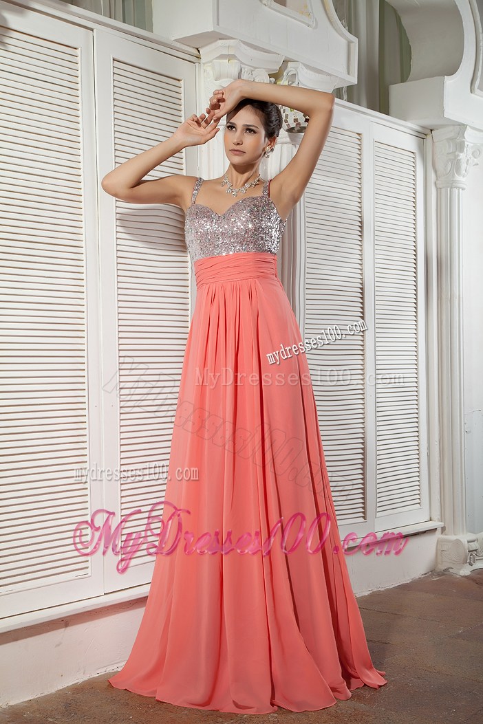 Watermelon Red Straps Beading Prom Evening Dress in Empire