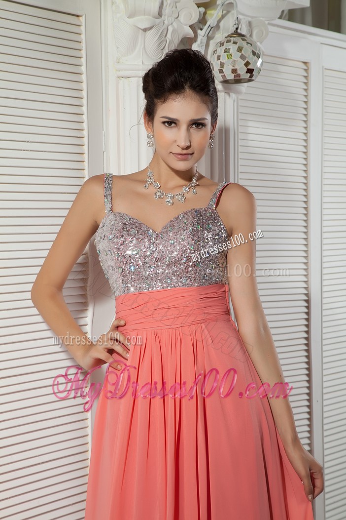 Watermelon Red Straps Beading Prom Evening Dress in Empire