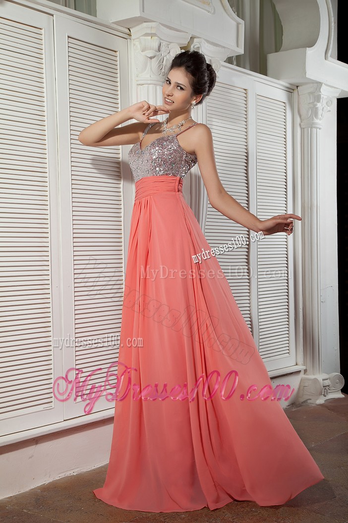 Watermelon Red Straps Beading Prom Evening Dress in Empire