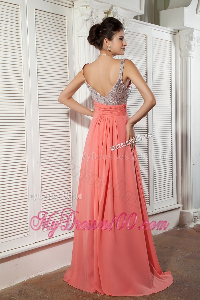 Watermelon Red Straps Beading Prom Evening Dress in Empire