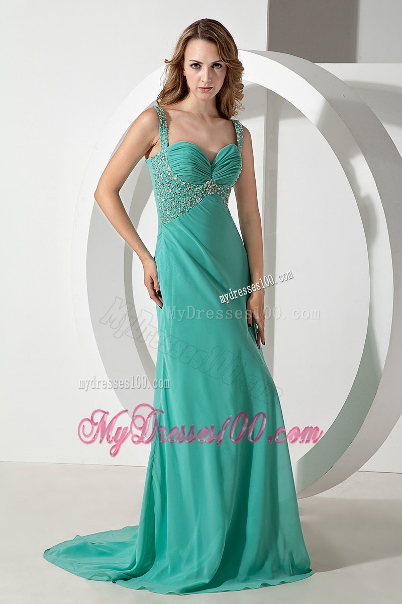 Turquoise Column Straps Beading Prom Dress with Brush Train