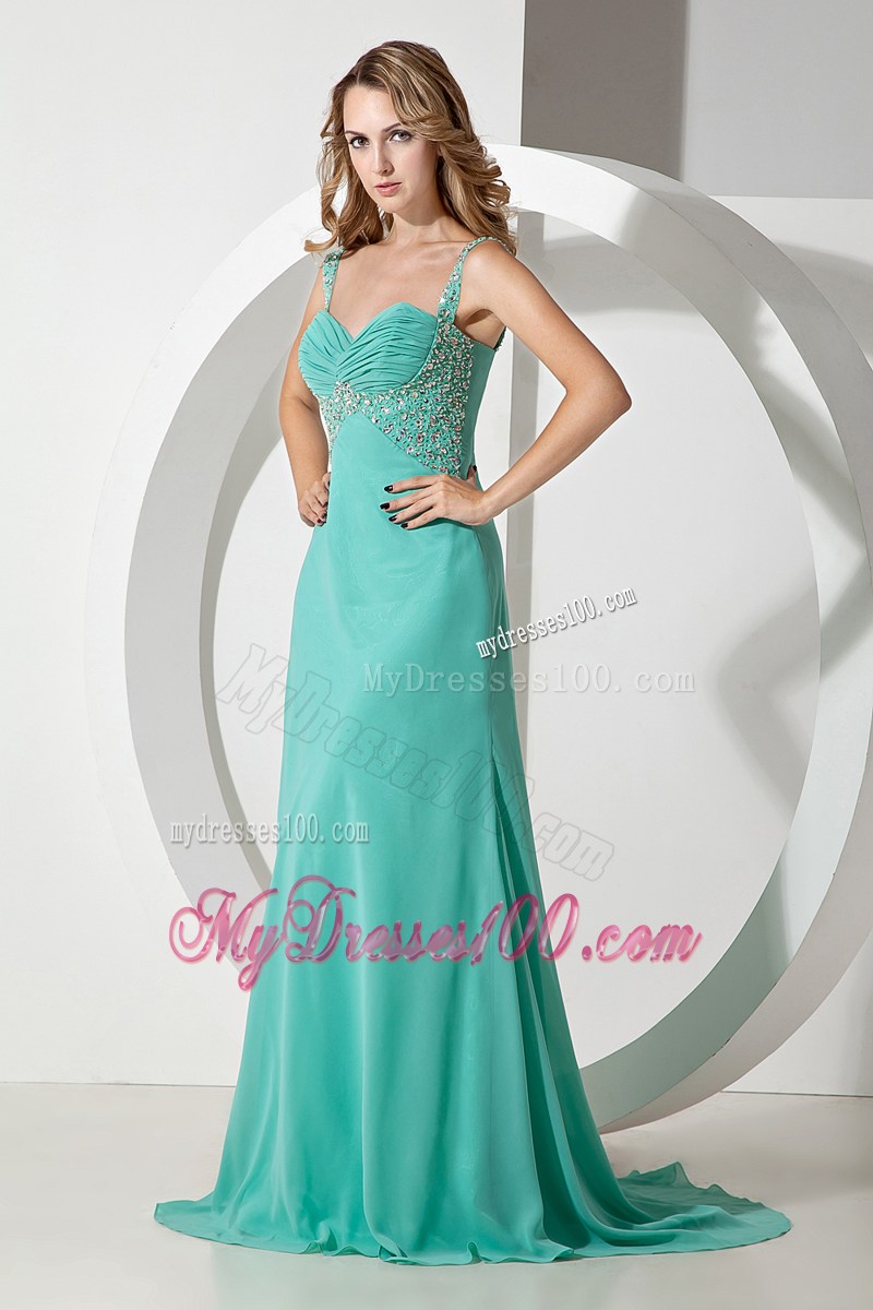 Turquoise Column Straps Beading Prom Dress with Brush Train