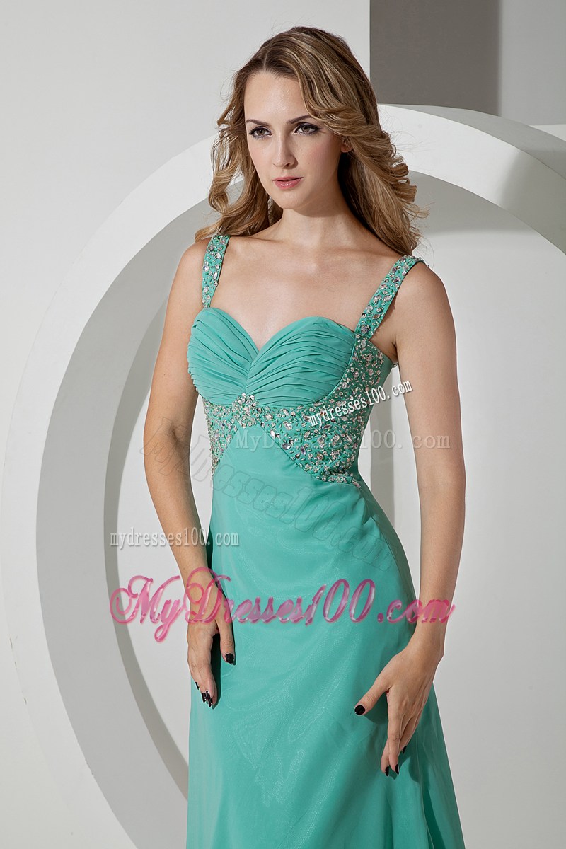 Turquoise Column Straps Beading Prom Dress with Brush Train