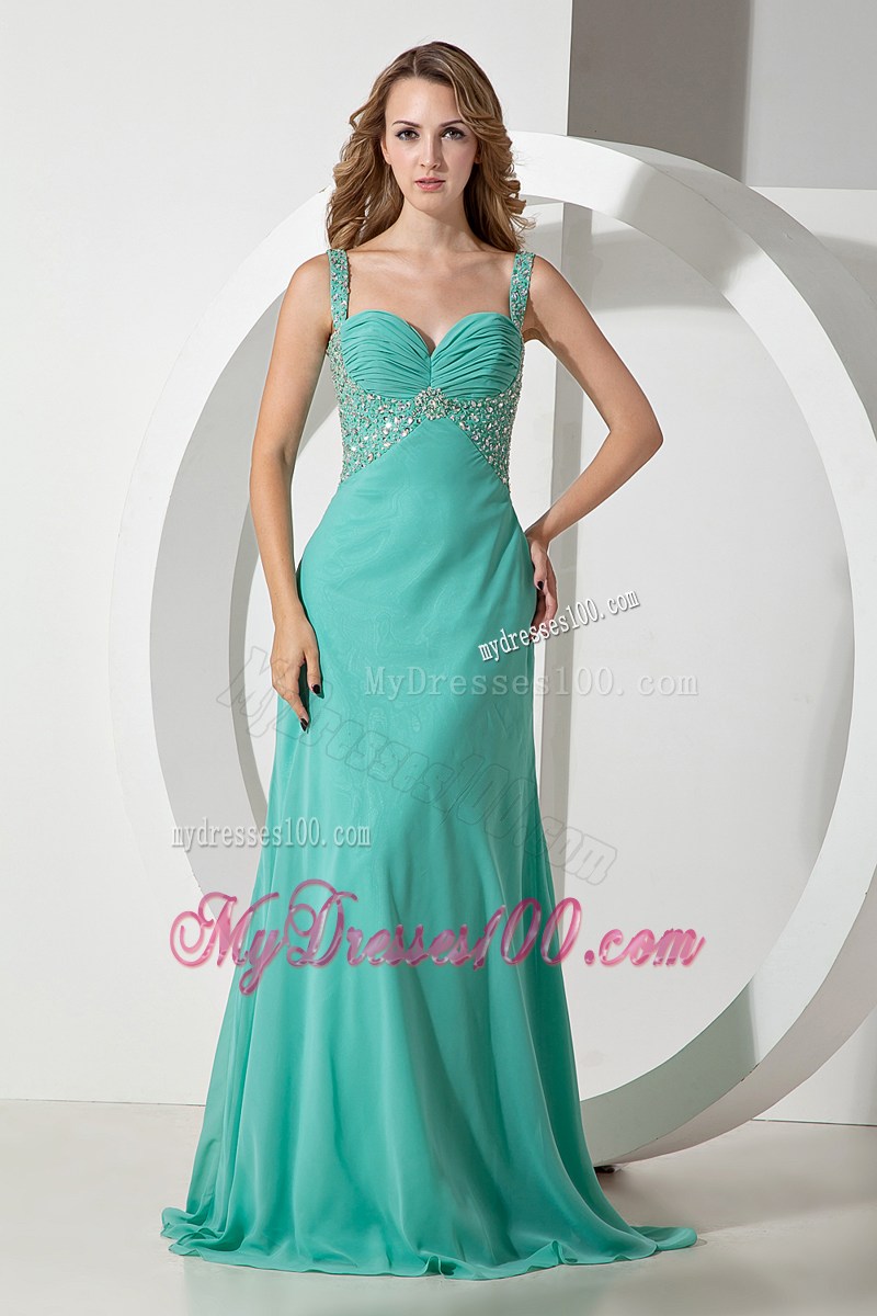 Turquoise Column Straps Beading Prom Dress with Brush Train