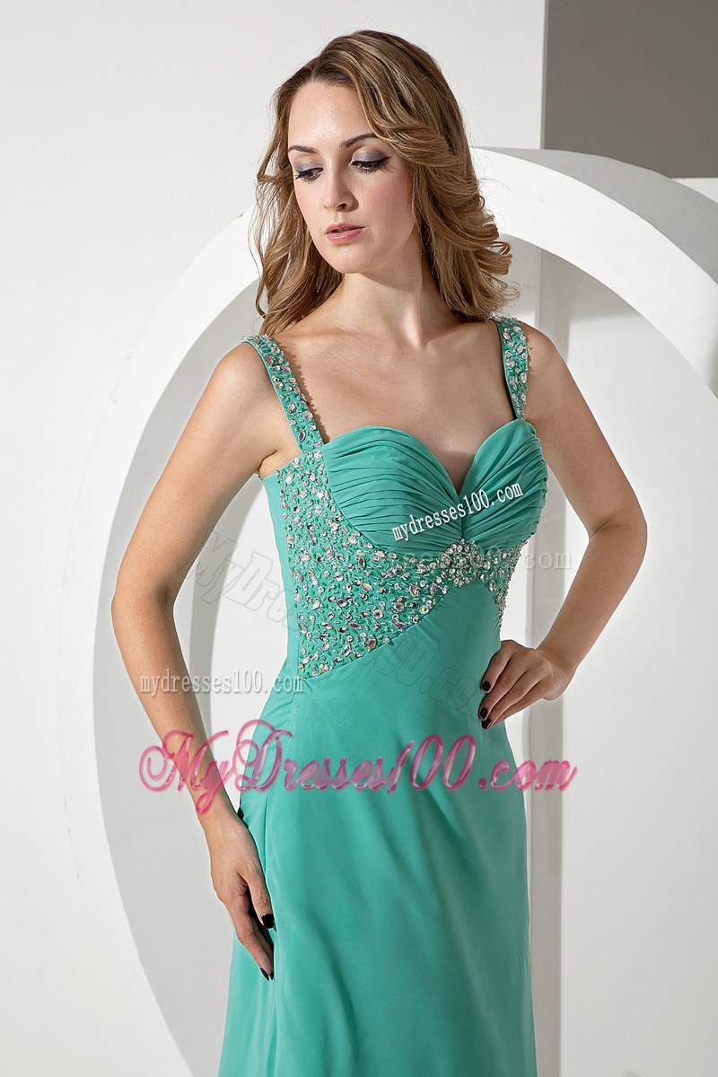 Turquoise Column Straps Beading Prom Dress with Brush Train